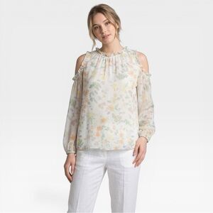 GIUSY Italy 100% Silk Floral Cold-Shoulder Blouse Women’s Size S